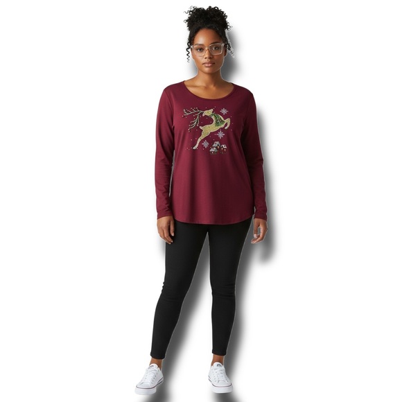 Quacker Factory Women’s Christmas Top Reindeer Embroidered Sequins Burgundy 2X - Picture 1 of 11